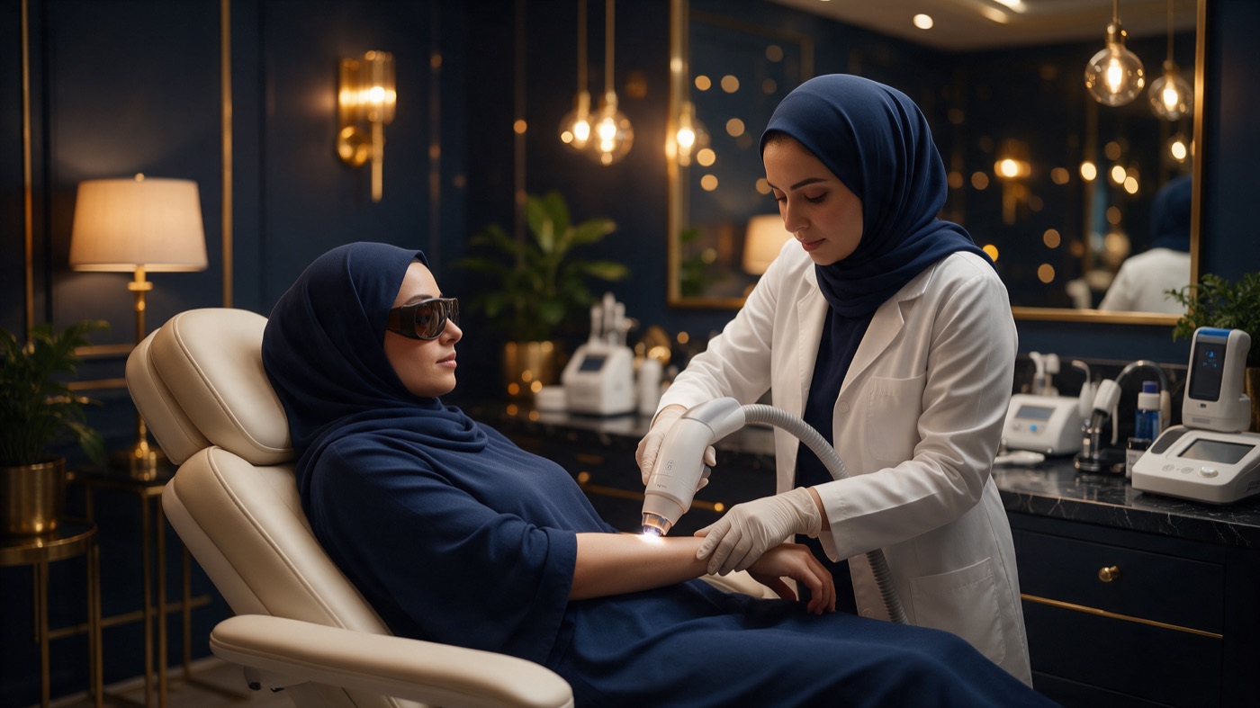 A laser hair removal session for women, supervised by a female specialist, in the women’s section at Medical World Polyclinic, Al-Taawun Branch