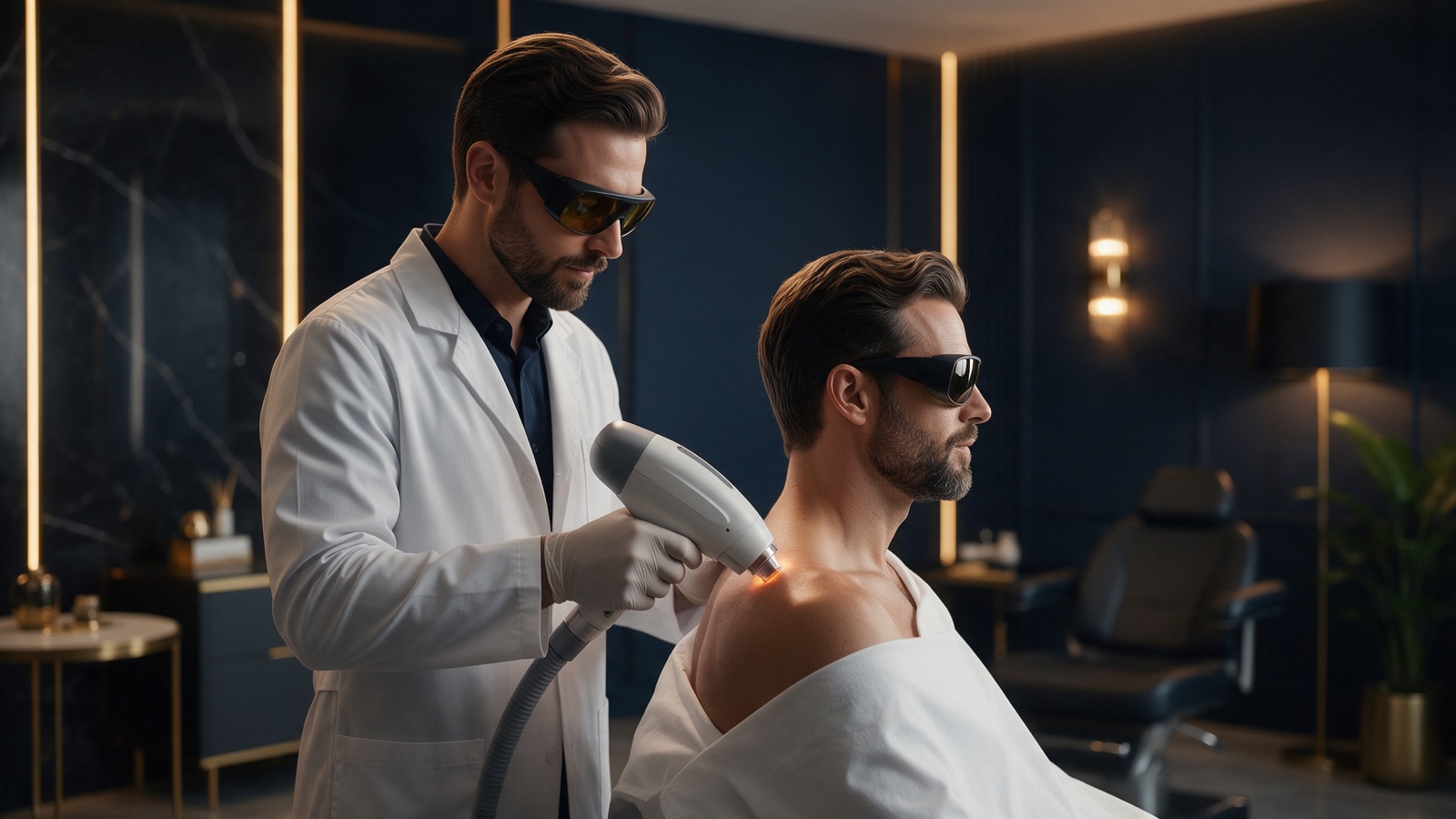 A laser hair removal session in the separate men’s section at Medical World Polyclinic, Al-Taawun Branch