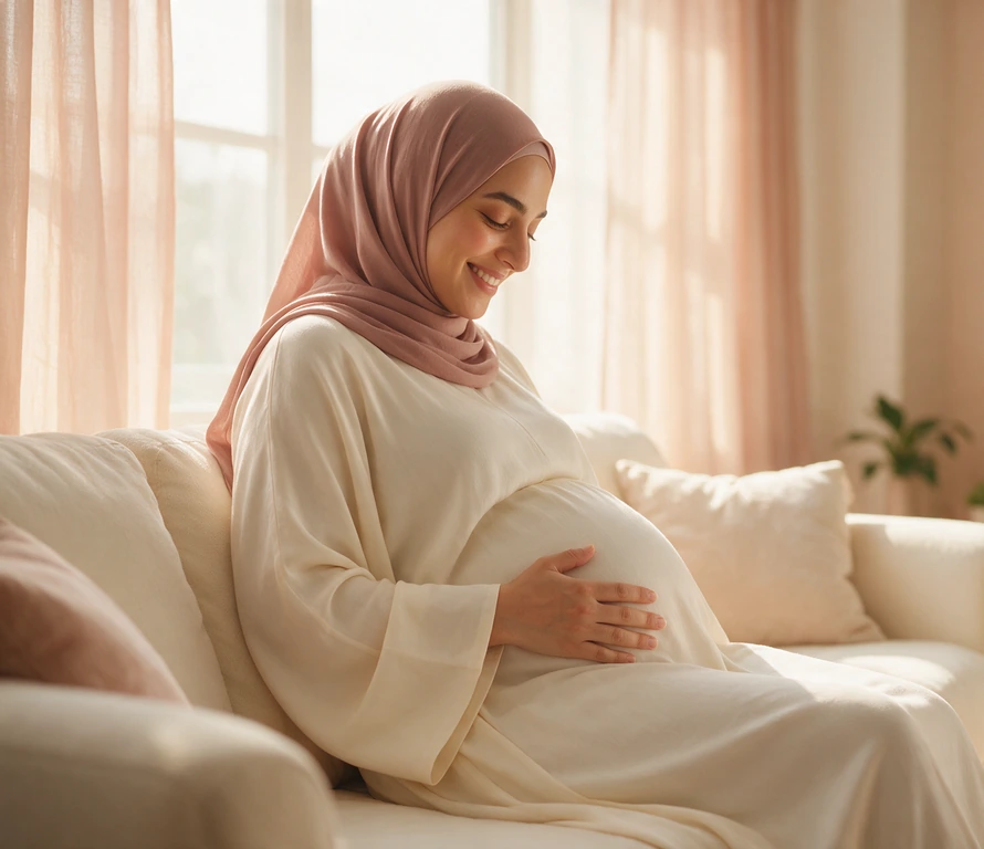 أم حامل جالسة في هدوء ويدها على بطنها داخل غرفة دافئة الإضاءة