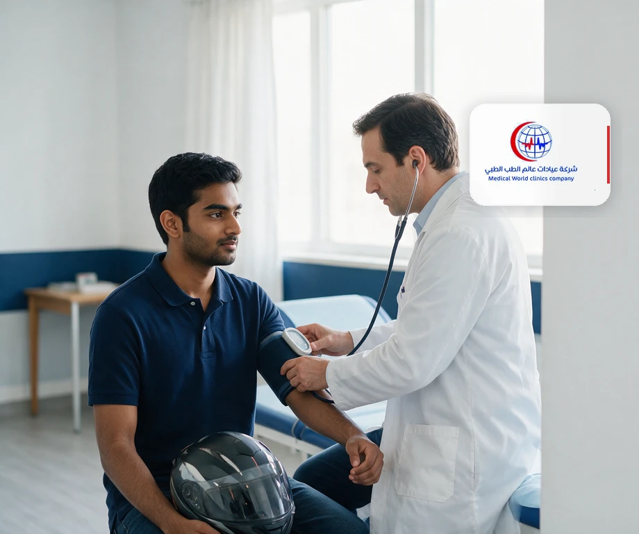 طبيب يفحص مندوب توصيل يحمل خوذته ضمن فحص الشهادة الصحية في مجمع عالم الطب بفرع التعاون