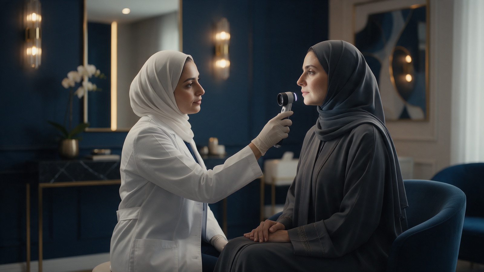 فحص الجلد بالديرماتوسكوب لدى طبيبة الجلدية في مجمع عالم الطب فرع التعاون بالرياض