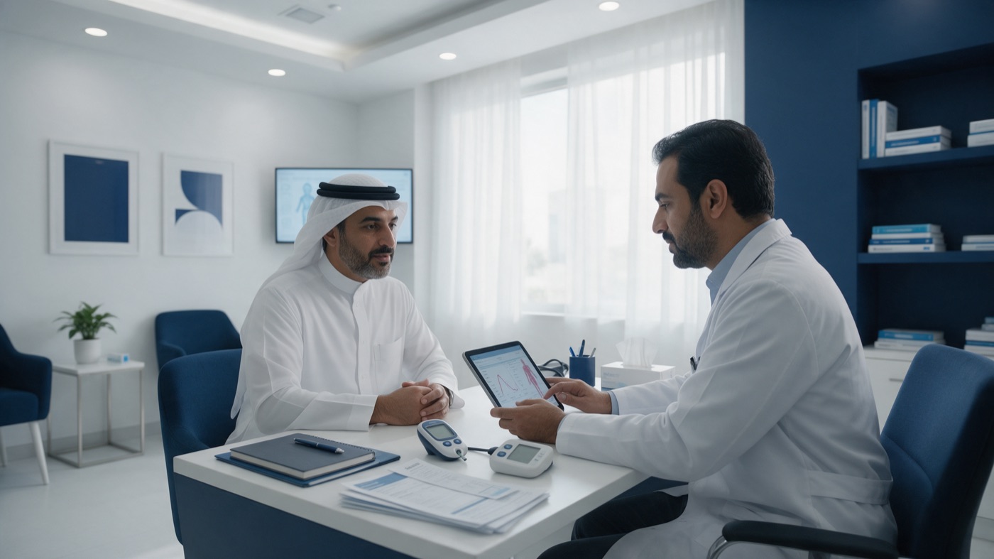 متابعة مرضى السكري وضغط الدم في عيادة الباطنية بمجمع عالم الطب فرع التعاون بالرياض