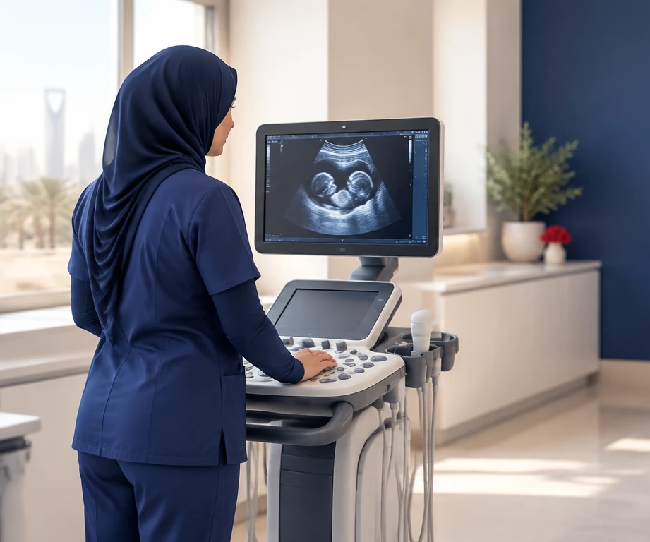 أخصائية أشعة بالحجاب والزي الطبي تقرأ صورة سونار في مجمع عالم الطب بفرع التعاون